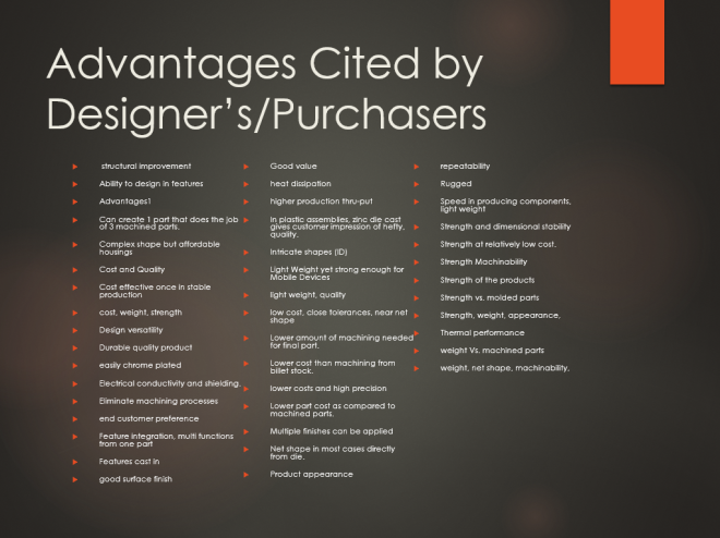 Advantages Cited By Designer's and Purchasers